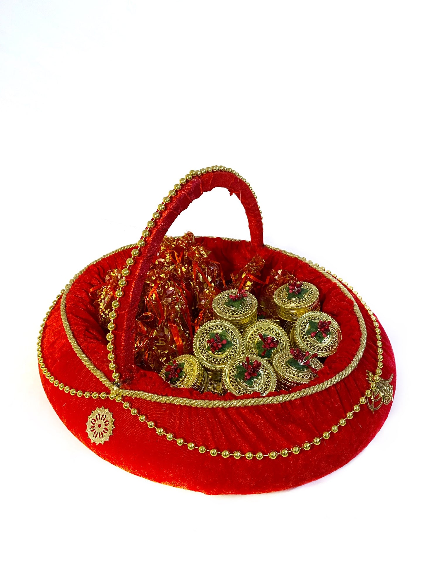 Kırmızı kadife metal işlemeli sepet tepsi seti