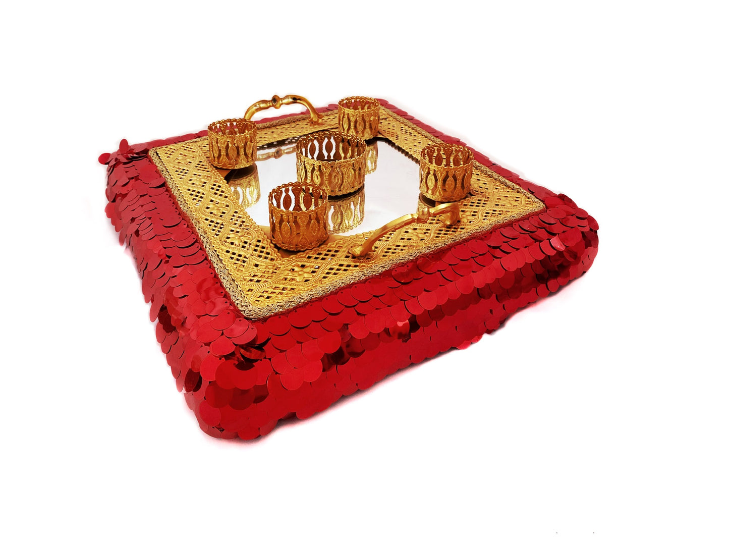 Luks kına tepsi ve sepet seti, kırmızı payetli
